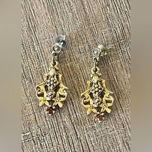 Vintage women’s metal dangle earrings brown stone, floral detail, coquette